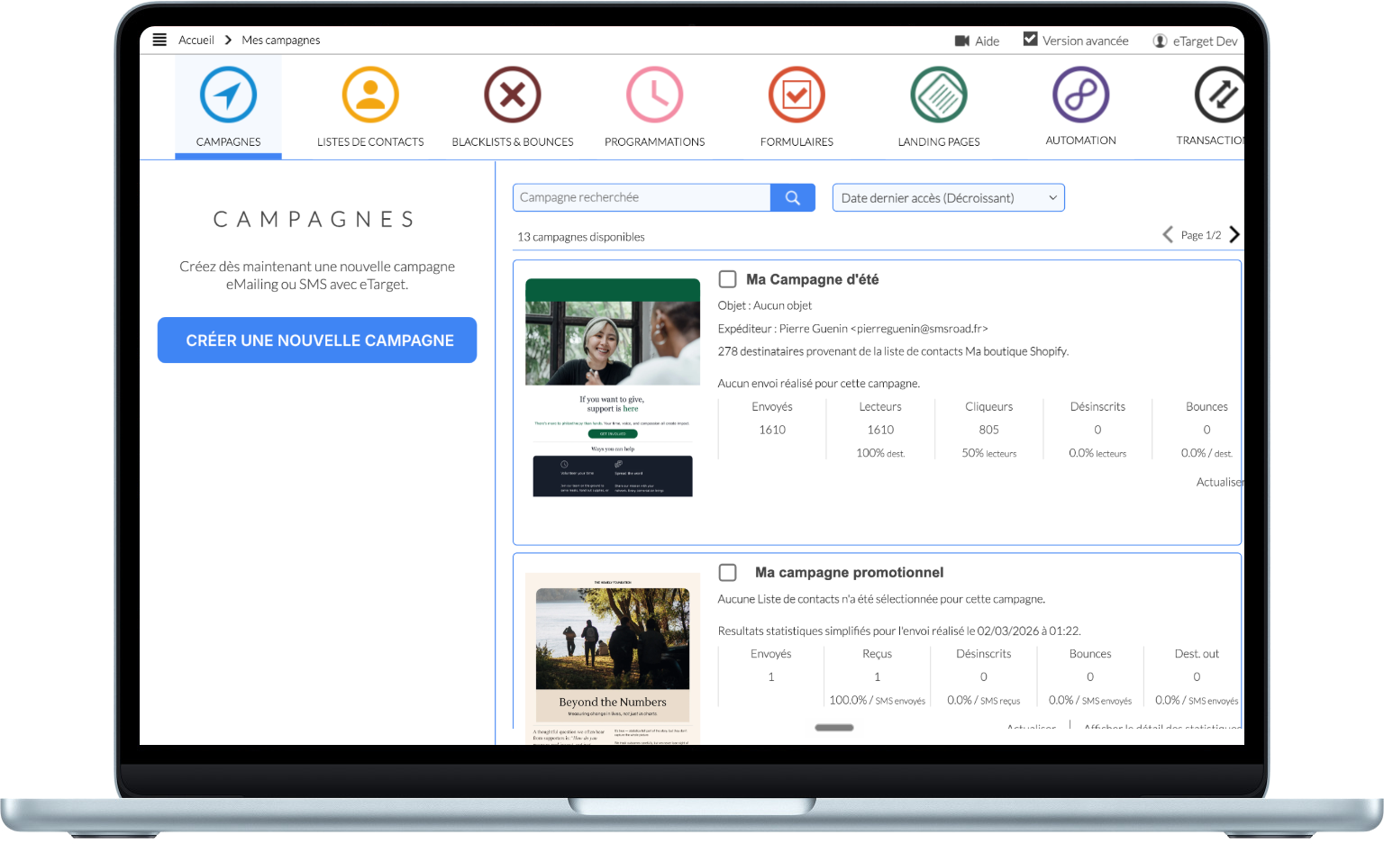 Interface eTarget : liste des campagnes emailing et statistiques d'envoi